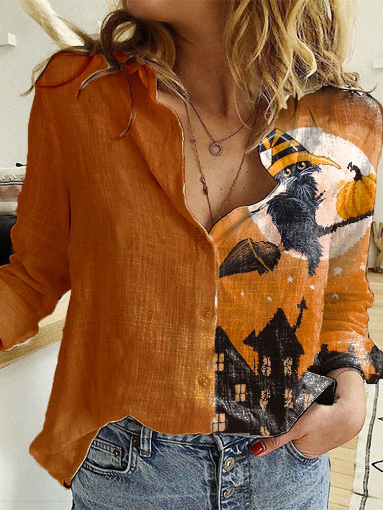 Camisas De Retazos De Cuello Vuelto De Manga Larga Con Estampado De Halloween Para Mujeres