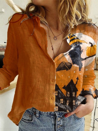 Camisas De Retazos De Cuello Vuelto De Manga Larga Con Estampado De Halloween Para Mujeres