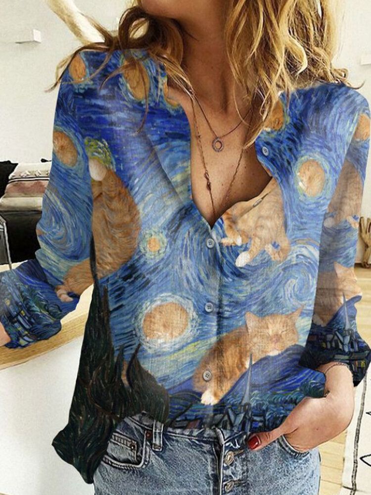 Camisas De Solapa De Manga Larga Con Estampado De Cielo Estrellado De Gato Divertido Para Mujer