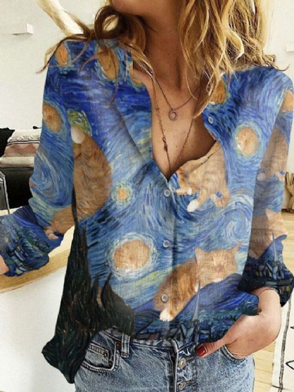 Camisas De Solapa De Manga Larga Con Estampado De Cielo Estrellado De Gato Divertido Para Mujer