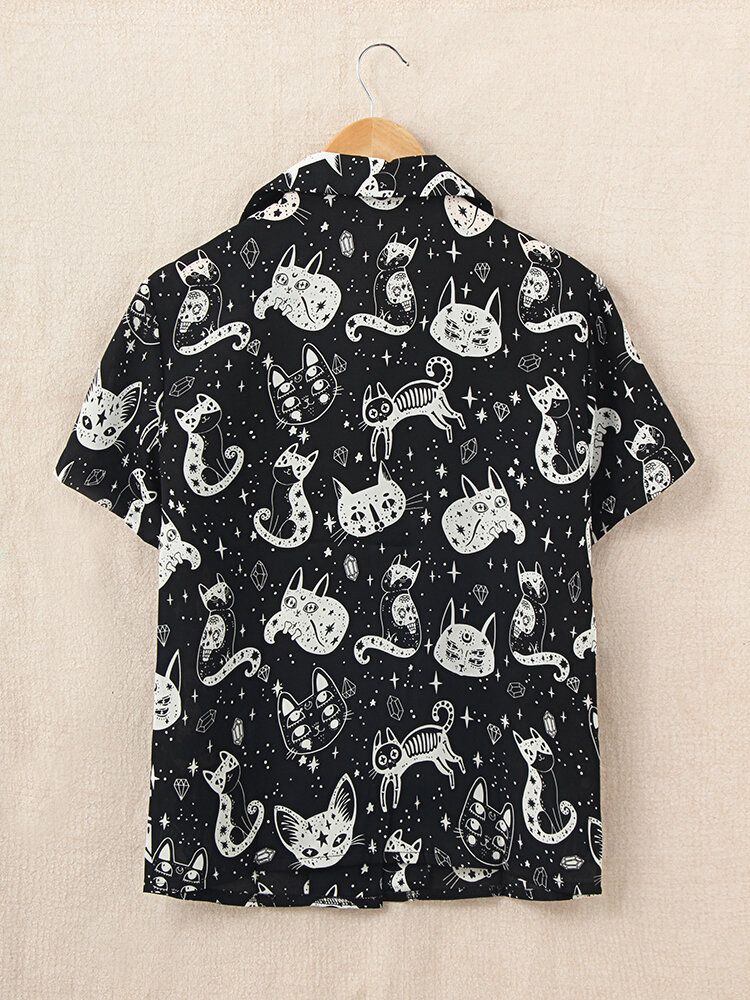 Camisas Sueltas Casuales Con Cuello De Solapa Estampado De Gato De Dibujos Animados Para Mujer