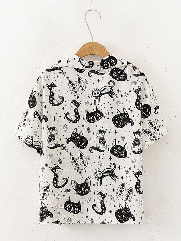 Camisas Sueltas Casuales Con Cuello De Solapa Estampado De Gato De Dibujos Animados Para Mujer