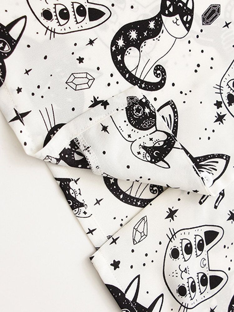 Camisas Sueltas Casuales Con Cuello De Solapa Estampado De Gato De Dibujos Animados Para Mujer