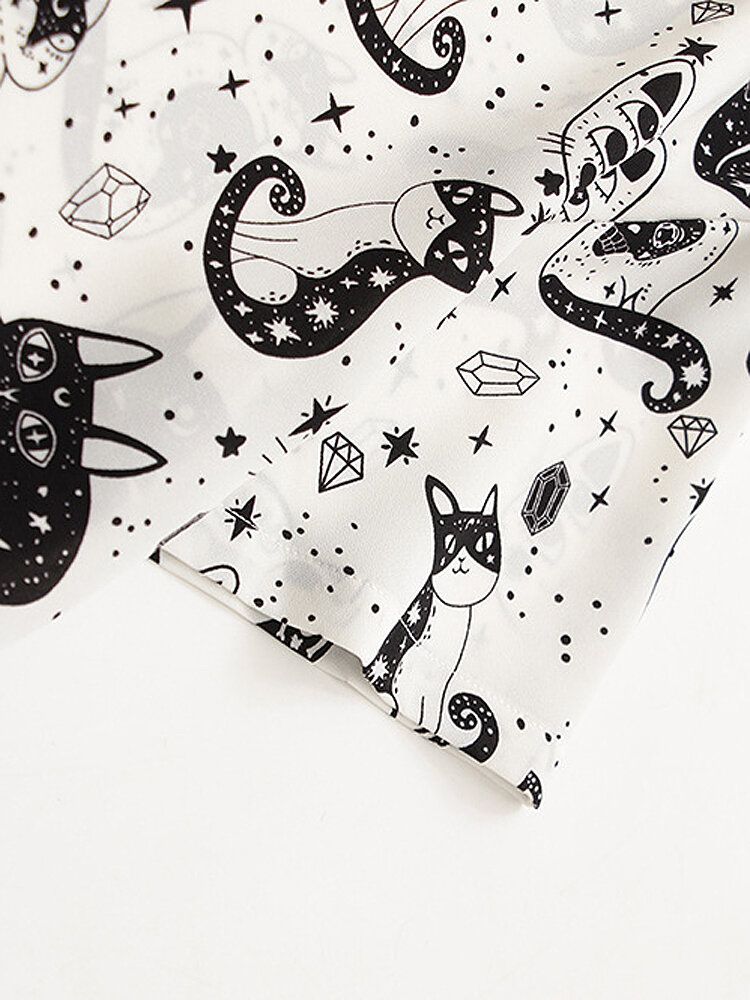 Camisas Sueltas Casuales Con Cuello De Solapa Estampado De Gato De Dibujos Animados Para Mujer