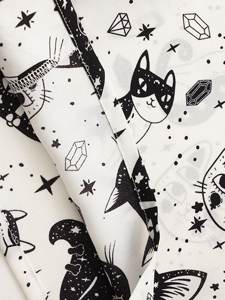 Camisas Sueltas Casuales Con Cuello De Solapa Estampado De Gato De Dibujos Animados Para Mujer