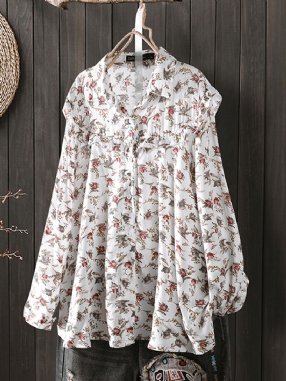 Camisas Sueltas Casuales De Manga Larga Con Volantes Y Estampado Floral Ditsy Para Mujer