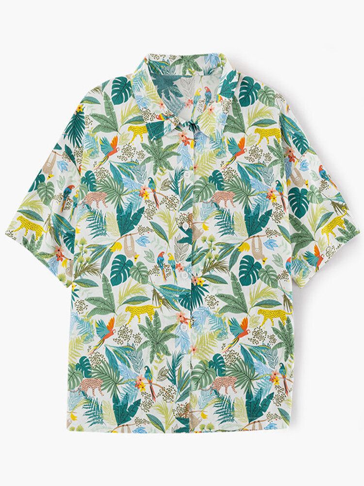 Camisas Sueltas Con Cuello De Solapa Estampado Divertido Estilo Hawaii Para Mujer