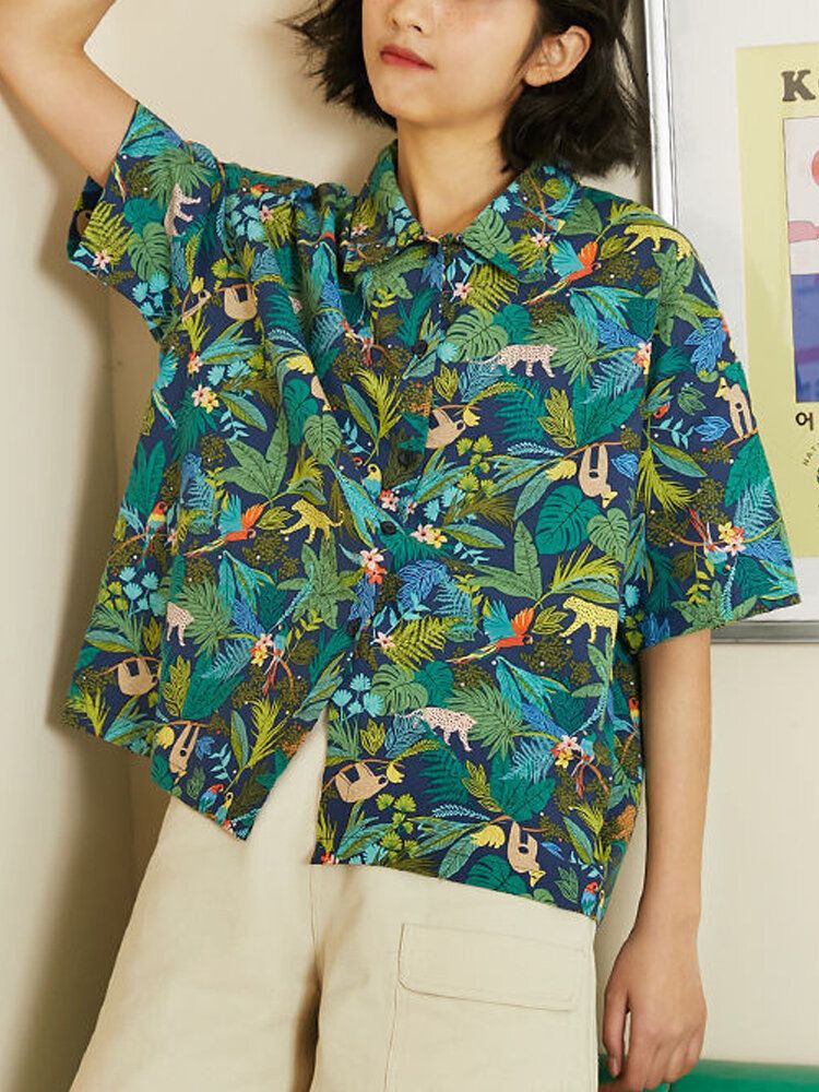 Camisas Sueltas Con Cuello De Solapa Estampado Divertido Estilo Hawaii Para Mujer