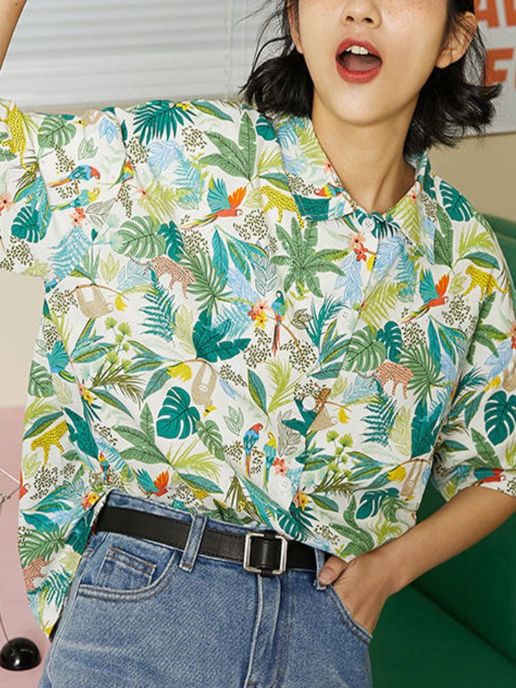 Camisas Sueltas Con Cuello De Solapa Estampado Divertido Estilo Hawaii Para Mujer