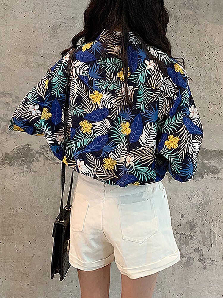 Camisas Sueltas Con Cuello De Solapa Con Estampado Floral De Hawaii Para Mujer