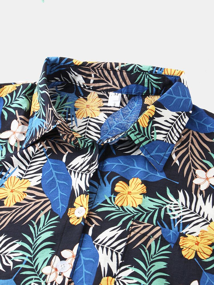 Camisas Sueltas Con Cuello De Solapa Con Estampado Floral De Hawaii Para Mujer