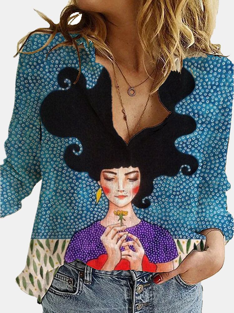 Camisas Sueltas Con Cuello Vuelto De Manga Larga Estampada Con Figura Vintage Para Mujer