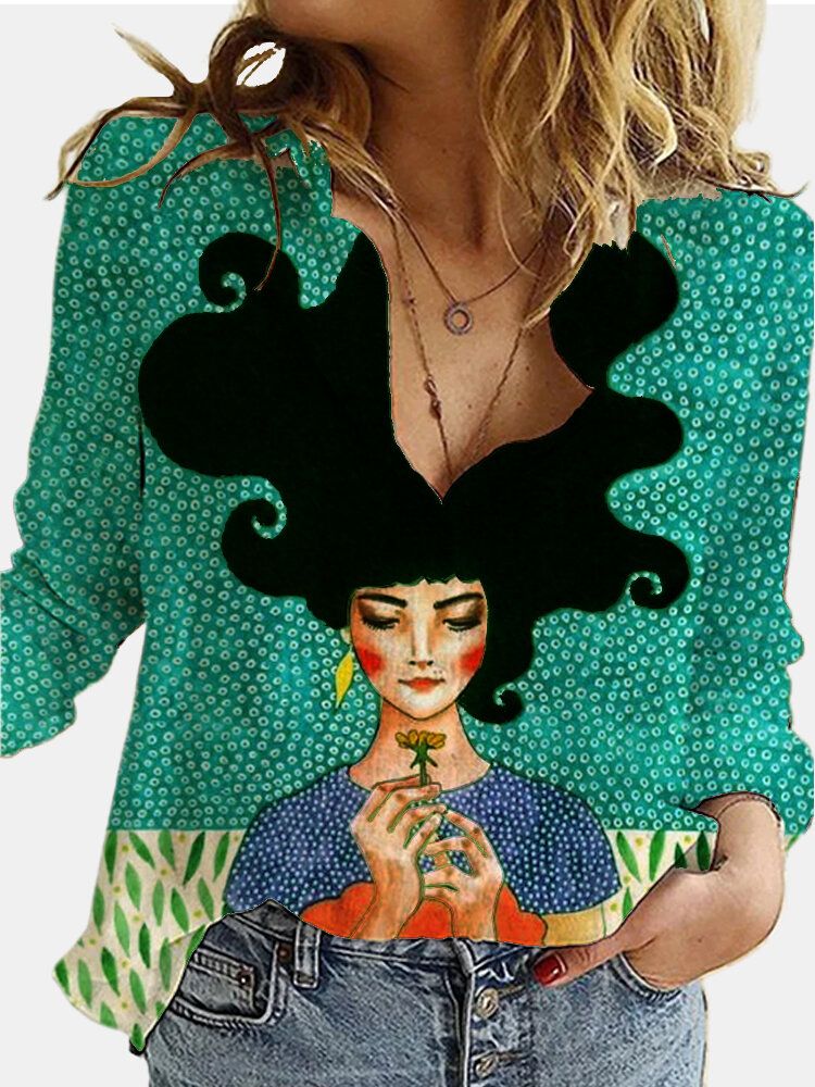 Camisas Sueltas Con Cuello Vuelto De Manga Larga Estampada Con Figura Vintage Para Mujer