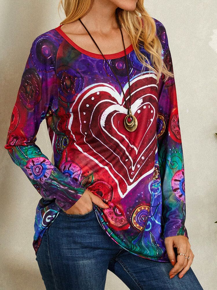 Camiseta De Manga Larga Informal Con Cuello Redondo Y Estampado Floral De Corazón De Graffiti Para Mujer