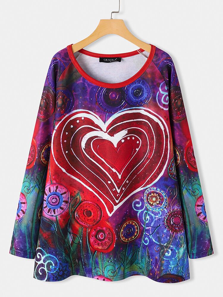 Camiseta De Manga Larga Informal Con Cuello Redondo Y Estampado Floral De Corazón De Graffiti Para Mujer