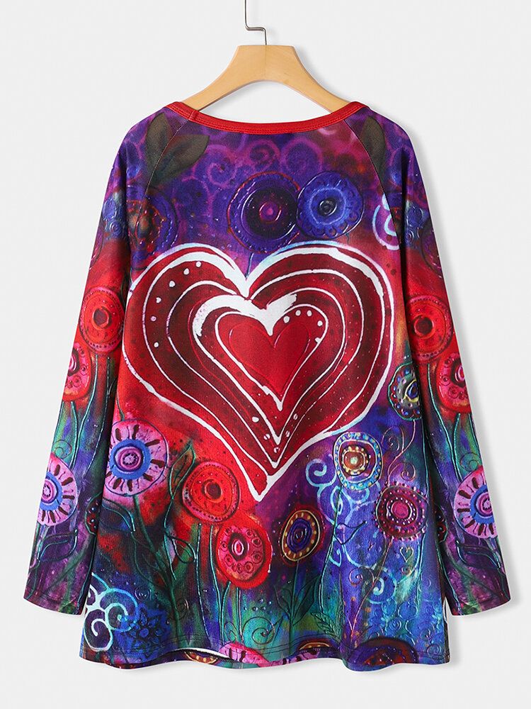 Camiseta De Manga Larga Informal Con Cuello Redondo Y Estampado Floral De Corazón De Graffiti Para Mujer