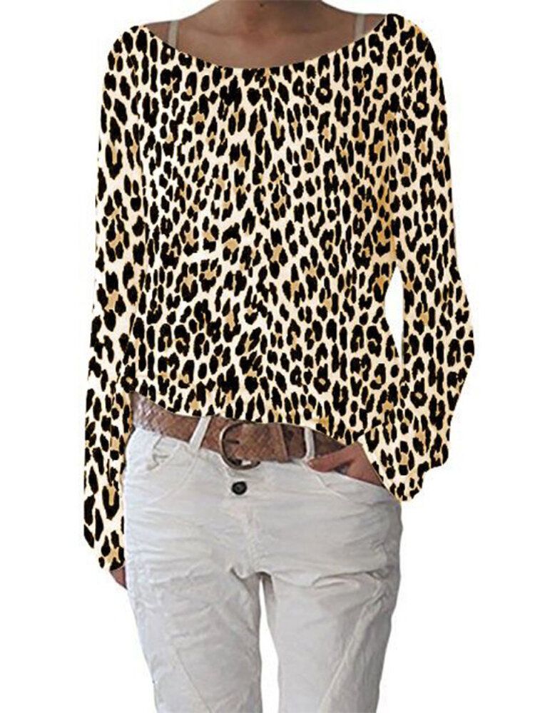 Camisetas Casuales De Manga Larga Con Cuello Redondo Y Estampado De Leopardo Para Mujer