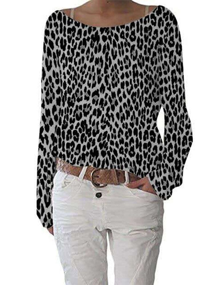 Camisetas Casuales De Manga Larga Con Cuello Redondo Y Estampado De Leopardo Para Mujer