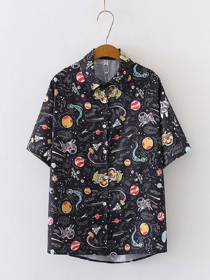 Cartoon Cat Planet Divertido Botón Impreso Cuello De Solapa Mujeres Camisas Casuales