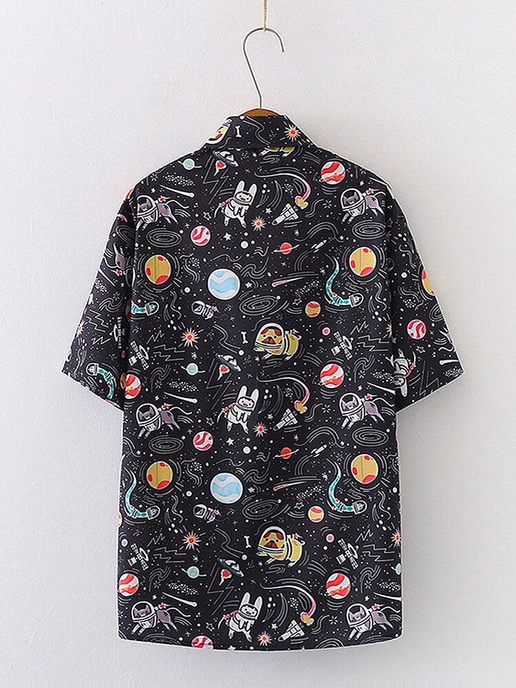 Cartoon Cat Planet Divertido Botón Impreso Cuello De Solapa Mujeres Camisas Casuales