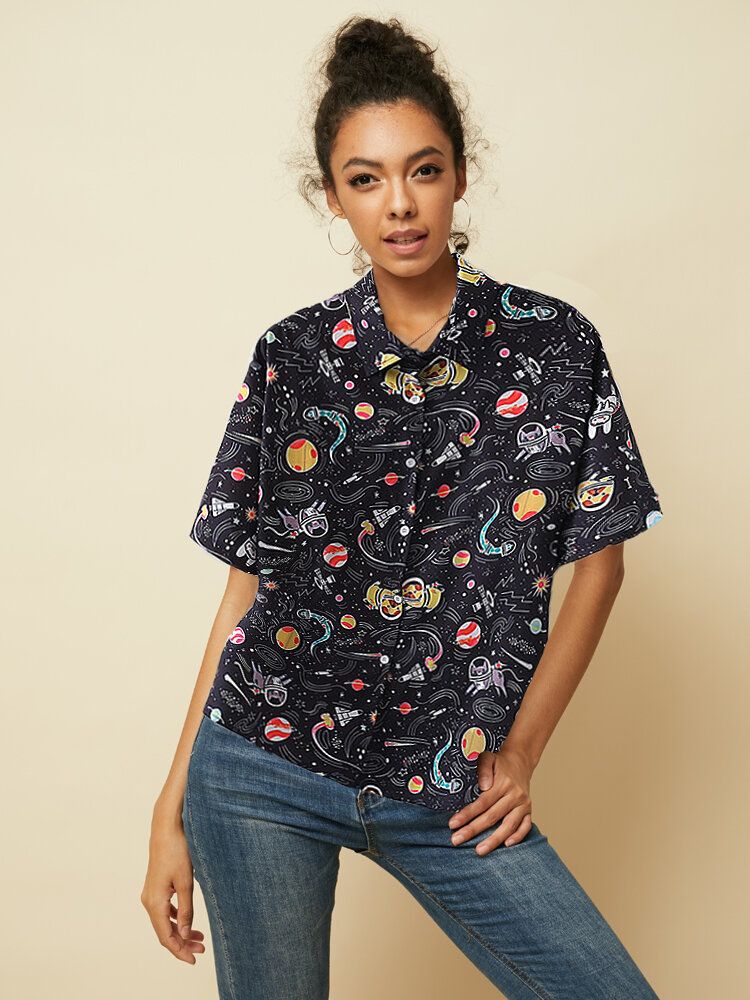 Cartoon Cat Planet Divertido Botón Impreso Cuello De Solapa Mujeres Camisas Casuales