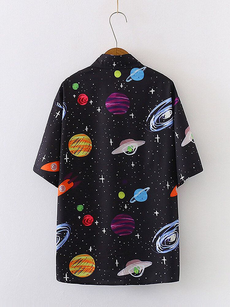 Cartoon Cat Planet Divertido Botón Impreso Cuello De Solapa Mujeres Camisas Casuales