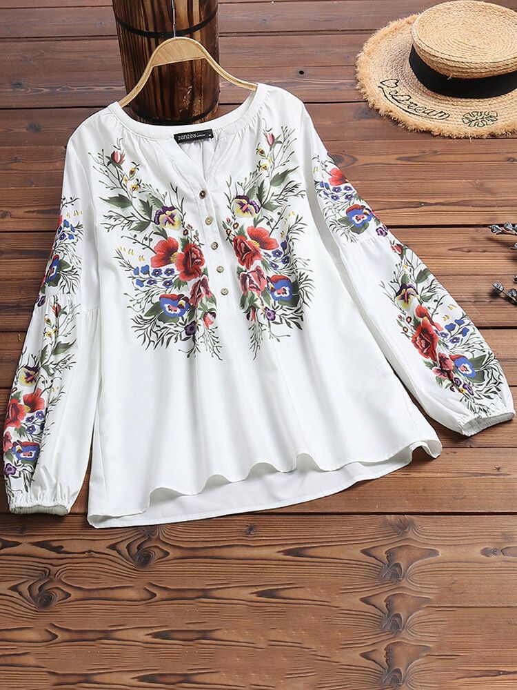 Casual Estampado Floral Escote En V Manga Larga Puños Elásticos Estilo Étnico Blusa Con Botones Sueltos