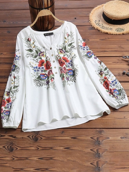 Casual Estampado Floral Escote En V Manga Larga Puños Elásticos Estilo Étnico Blusa Con Botones Sueltos