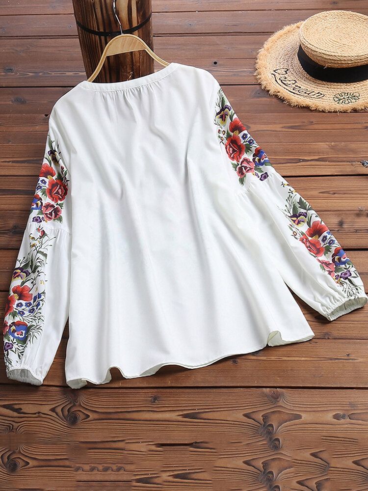 Casual Estampado Floral Escote En V Manga Larga Puños Elásticos Estilo Étnico Blusa Con Botones Sueltos