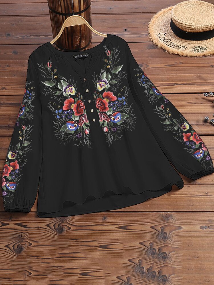 Casual Estampado Floral Escote En V Manga Larga Puños Elásticos Estilo Étnico Blusa Con Botones Sueltos