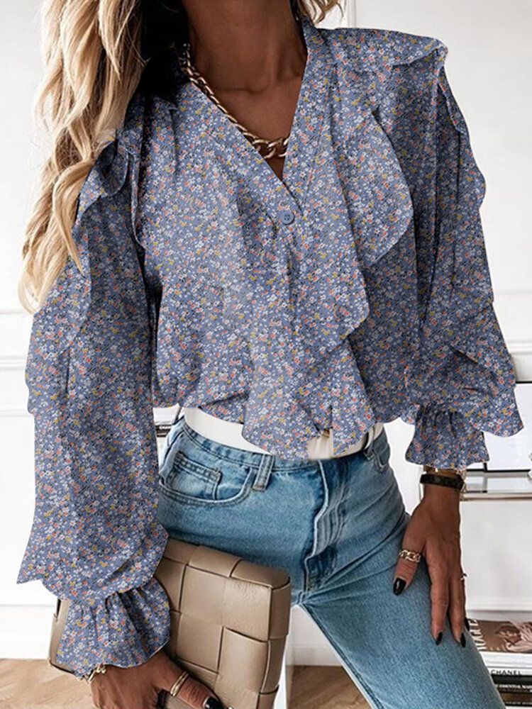 Ditsy Estampado Floral Con Cuello En V Casual Manga Volante Blusas Casuales Para Mujer