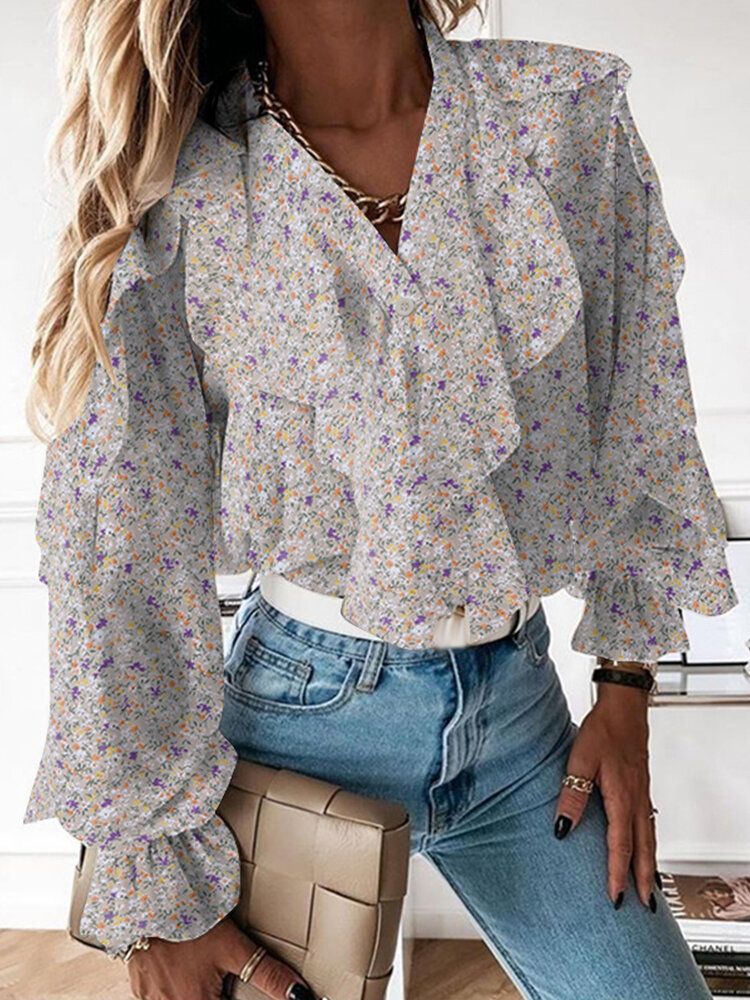 Ditsy Estampado Floral Con Cuello En V Casual Manga Volante Blusas Casuales Para Mujer