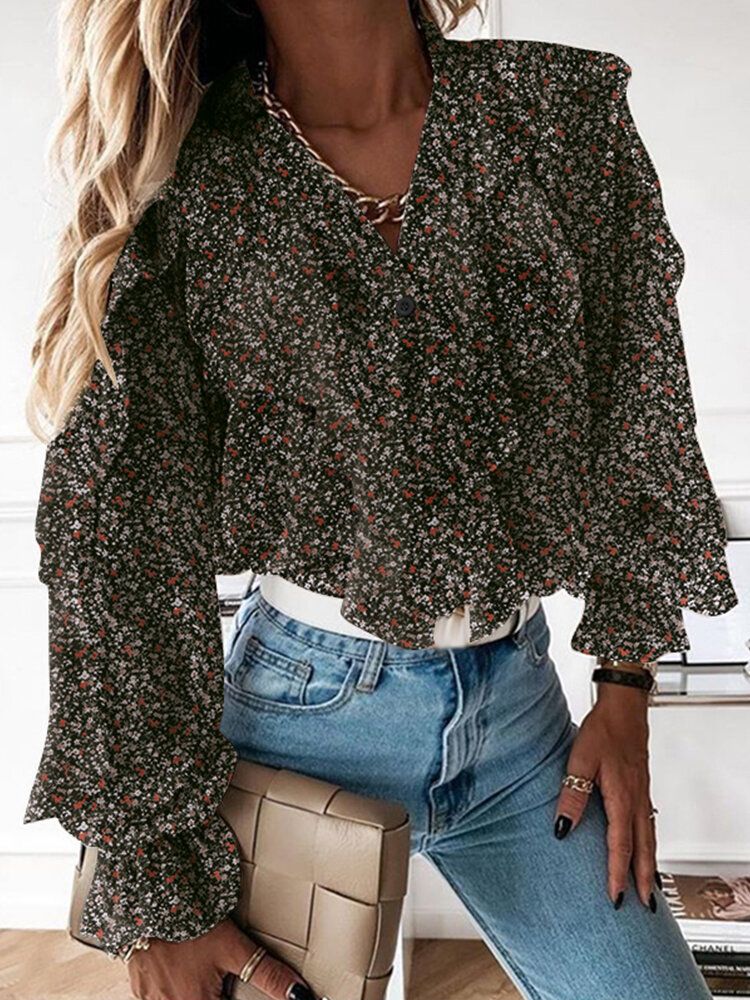 Ditsy Estampado Floral Con Cuello En V Casual Manga Volante Blusas Casuales Para Mujer