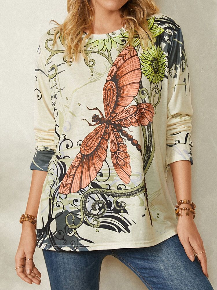 Dragonfly Calico Print Blusa Casual De Manga Larga Con Cuello Redondo Para Mujer