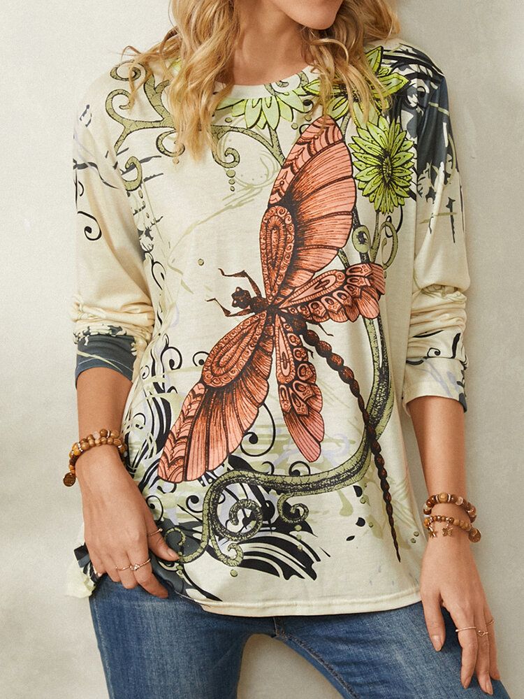 Dragonfly Calico Print Blusa Casual De Manga Larga Con Cuello Redondo Para Mujer