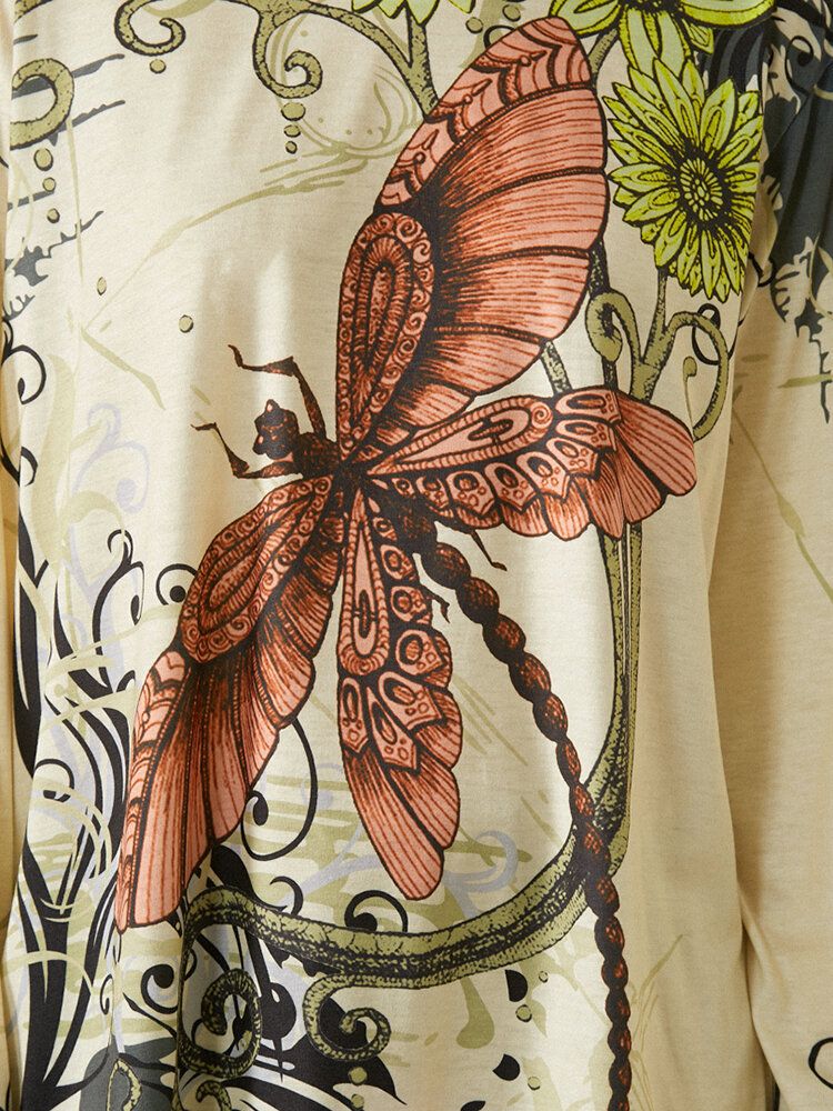 Dragonfly Calico Print Blusa Casual De Manga Larga Con Cuello Redondo Para Mujer