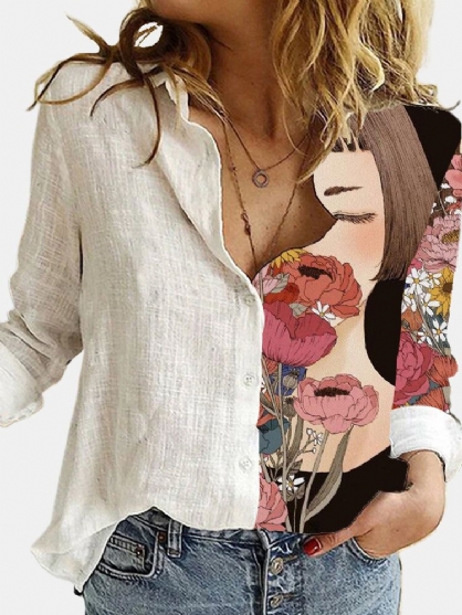 Mujer Chica Figura Estampado De Flores Patchwork Cuello De Solapa Camisas Abotonadas De Manga Larga