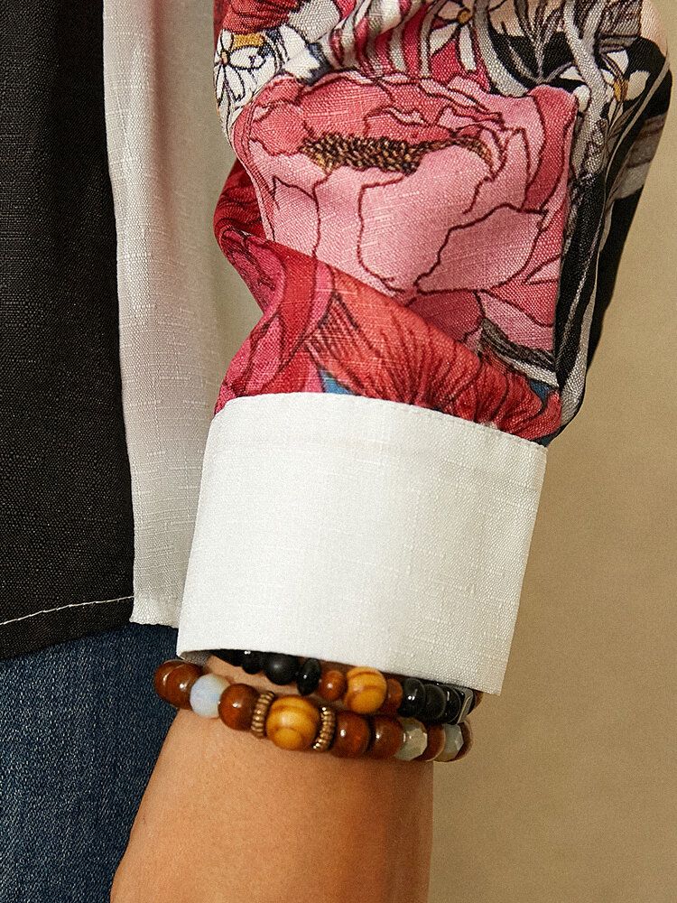 Mujer Chica Figura Estampado De Flores Patchwork Cuello De Solapa Camisas Abotonadas De Manga Larga