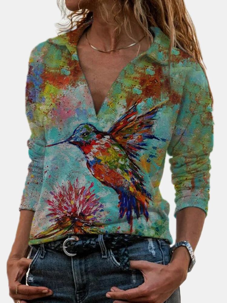 Mujeres Arte Pintura Animal Impreso Solapa Plunge Casual Blusas De Manga Larga