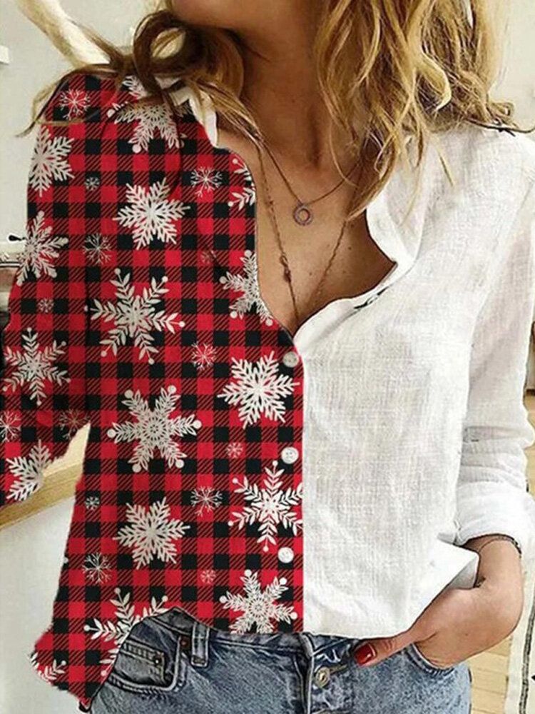 Mujeres Patchwork Plaid Snowflake Graphics Christmas Camisas De Manga Larga