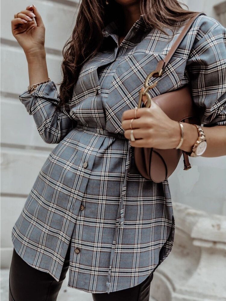 Mujeres Plaid Solapa Cintura Corbata Manga Larga Tenedor Lateral Camisas De Longitud Media Con Bolsillo