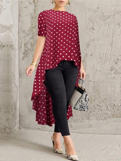 Polka Dot Print O-cuello Manga Corta Alto Bajo Dobladillo Camisas Largas Blusa Para Mujer