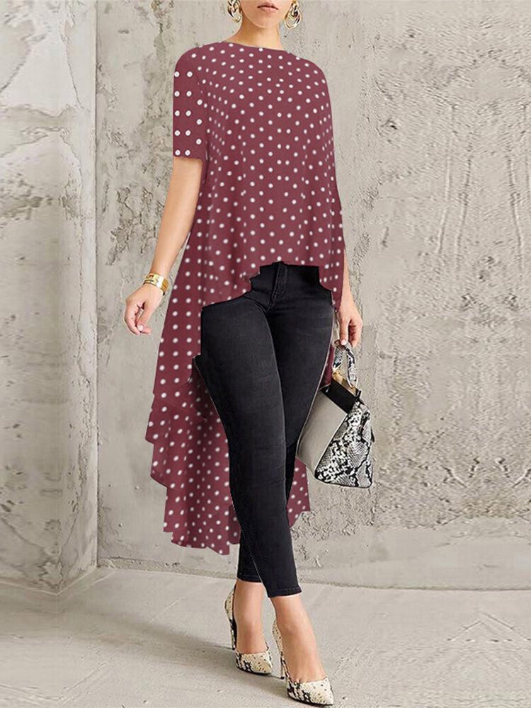 Polka Dot Print O-cuello Manga Corta Alto Bajo Dobladillo Camisas Largas Blusa Para Mujer