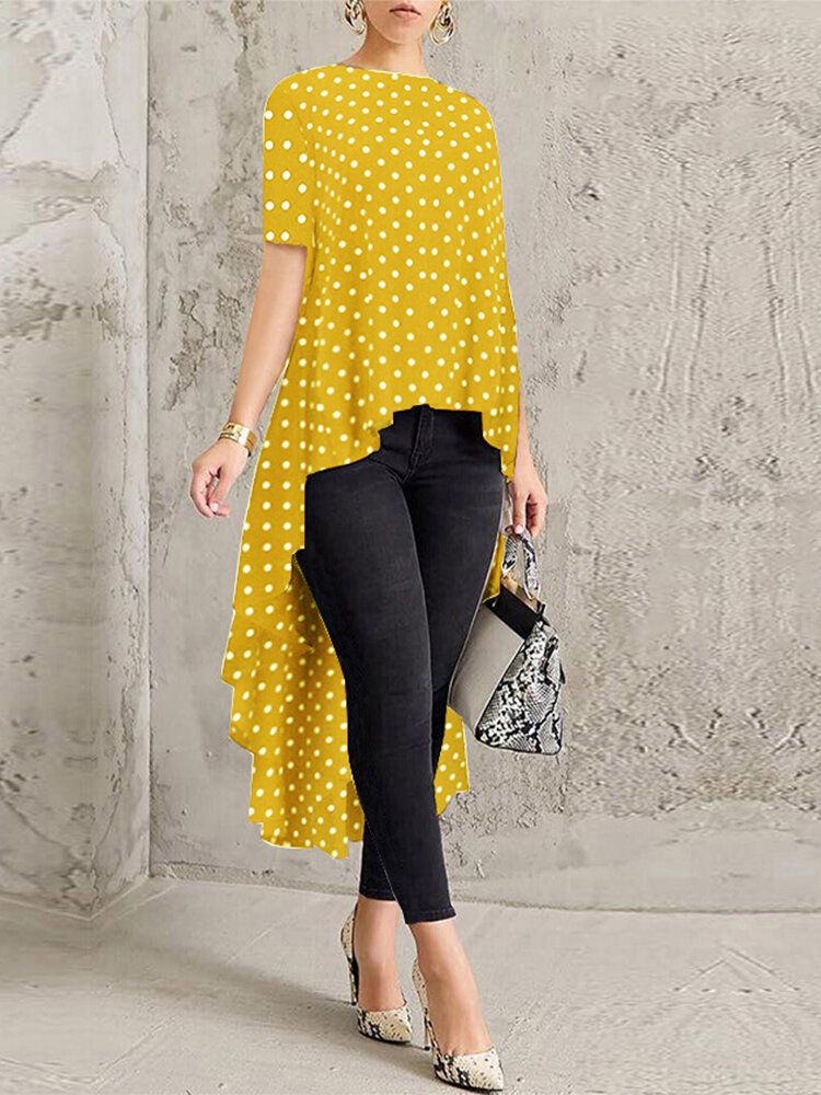 Polka Dot Print O-cuello Manga Corta Alto Bajo Dobladillo Camisas Largas Blusa Para Mujer