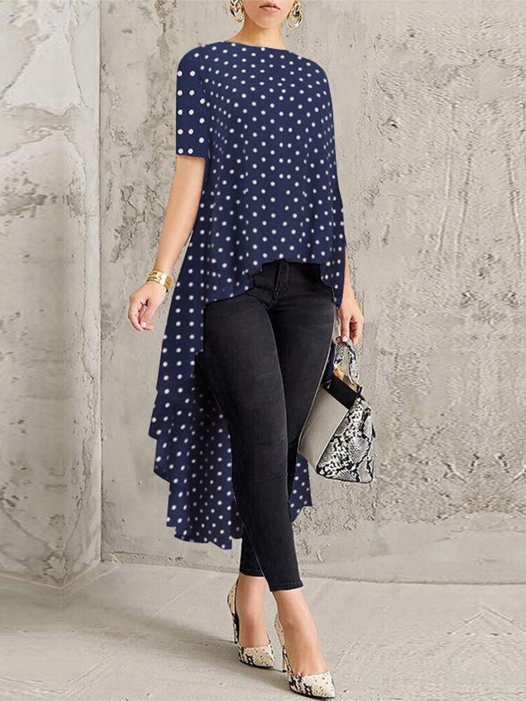 Polka Dot Print O-cuello Manga Corta Alto Bajo Dobladillo Camisas Largas Blusa Para Mujer