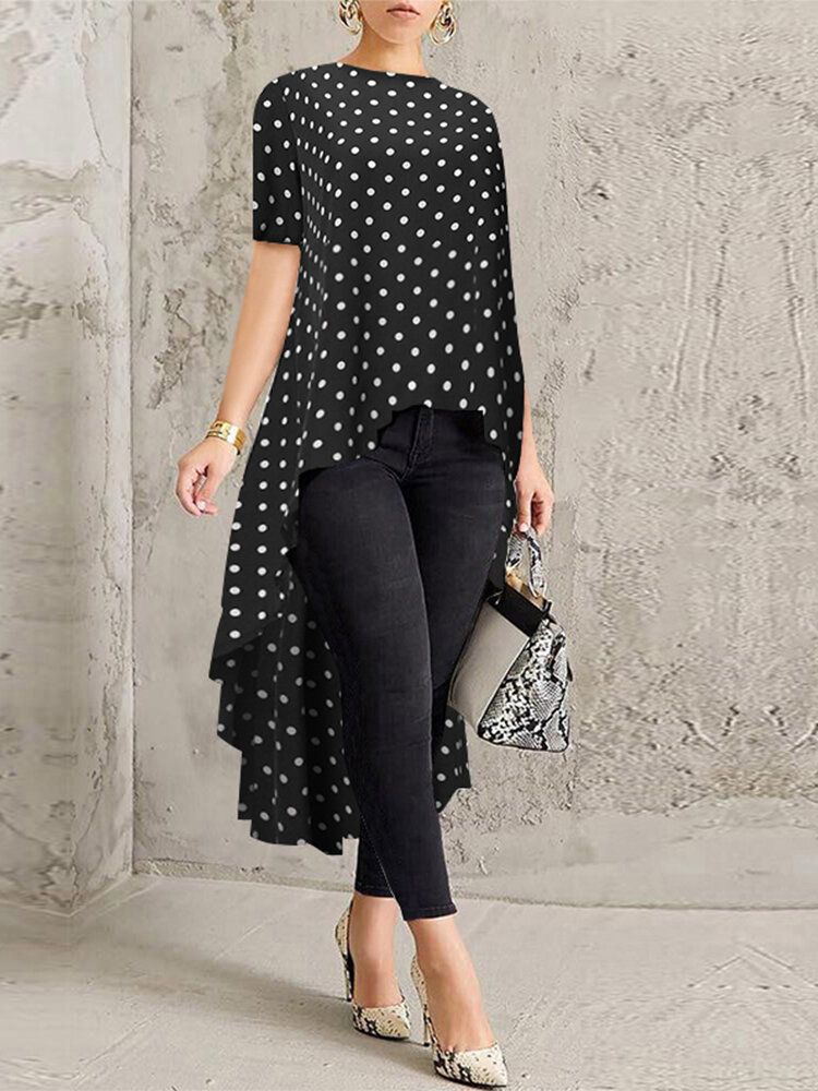 Polka Dot Print O-cuello Manga Corta Alto Bajo Dobladillo Camisas Largas Blusa Para Mujer