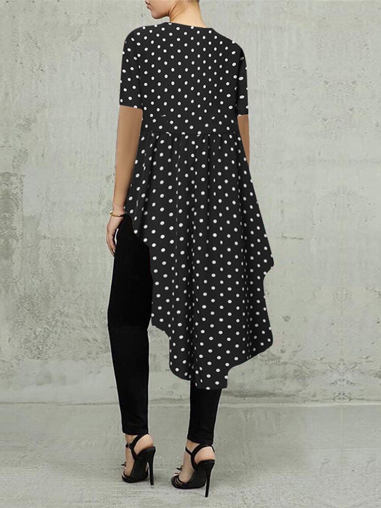 Polka Dot Print O-cuello Manga Corta Alto Bajo Dobladillo Camisas Largas Blusa Para Mujer