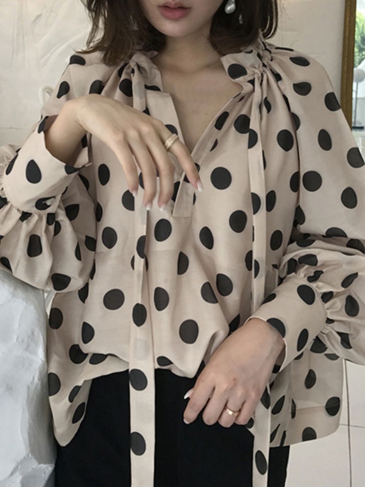 Polka Dots Printing Lantern Sleeve Escote Bow Tie Blusa Casual Para Mujer