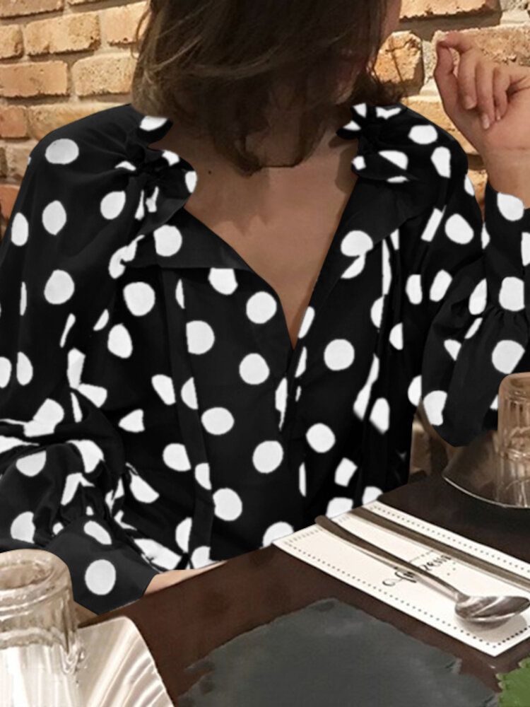 Polka Dots Printing Lantern Sleeve Escote Bow Tie Blusa Casual Para Mujer