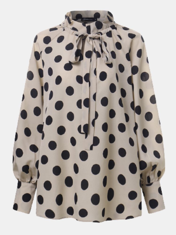 Polka Dots Printing Lantern Sleeve Escote Bow Tie Blusa Casual Para Mujer